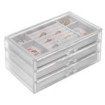 Sasha Morel Jewellery Box with 3 Storage Drawers | Earring Storage Organiser for Ring Bracelet Necklace Storage Box | Acrylic Display Case Gift Box | Jewellery Organiser Gifts for Women (Grey)