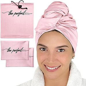 THE PERFECT HAIRCARE Hair Towel and Curl Scrunching Towel Set for Curly Hair Women and Girls - Wet Plopping SOTC & Micro-Plop - 1 Large Hair Wrap Towel Turban + 2 Small Towels (Pink)