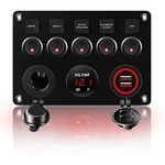 KAOLALI 12V/24V Toggle Switch Panel, Dual USB Charger Port 4.2A, Lighter Socket, Digital Voltmeter Display, Car Rocker Switches IP65 Waterproof 5 Gang Switch Panel for Car Boat RV Truck Yacht(Red)