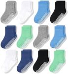 CozyWay Non-Slip Crew Grip Toddler Socks, 12 Pack for Boys, Black/White/Gray/Aqua Blue/Sky Blue/Lime Green, 3-5 Years Old
