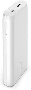 Belkin Batterie externe charge rapide USB-C PD 20000mAh (chargeur externe avec ports USB-C 30W + USB-A 12W, capacité de 20K, chargeur portable pour MacBook, iPad, iPhone, Galaxy, Pixel, etc), blanche