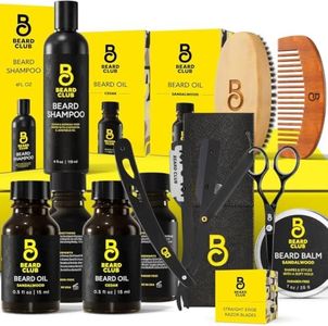 The Beard Club Beard Kit for Men - Beard Grooming & Beard Care Kit - Cedar & Sandalwood Beard Oil, Beard Balm, Beard Shampoo, Beard Brush, Comb, Beard Trimming Scissors, Straight Edge Razor - Gift Set