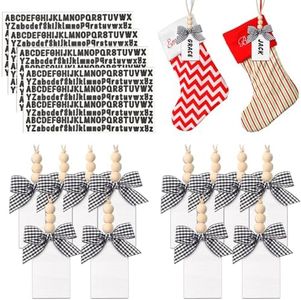 16 Pcs Christmas Stocking Wood Tags with 4 Sheets Adhesive Letter Stickers Christmas Stocking Name Tags with Buffalo Plaid Row and Beads Chalkboard Labels (White with Black and White Bow)