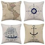 ArtSocket Set of 4 Linen Throw Pillow Covers Sea Nautical Beach Ocean Navigation Compass Map Ship Anchor Decorative Pillow Cases Home Decor Square 18x18 inches Pillowcases