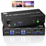 Displayport KVM Switch Dual Monitor 8K@60Hz/4K@144Hz DP 1.4 USB 3.0 KVM Switcher for 2 Computers Share 2 Monitors and 3 USB Devices with Audio Microphone, Support Extended & Mirror Mode