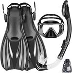 VBM Fin Snorkel Set with Adult Snorkeling Gear, Panoramic View Diving Mask, Trek Fin, Dry Top Snorkel +Travel Bags, Snorkel for Lap Swimming (Black)