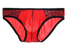 WINDAY Men Briefs Lace Silk Low Rise Bikini Briefs and Breathable Underwear B162, 1-pack Red, Large