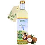 Village Company Extra Virgin Cold Pressed Coconut Oil 1 Litre | Hair, Skin, Cooking and Baby Massage | Organic Pure Edible Natural | Wood Press Kolhu Kacchi Ghani Chekku | Chemical-Free | Glass Bottle