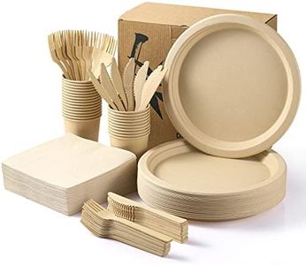 MORGIANA 100 Disposable Bamboo Dinnerware Set, Plastic Free Paper Plates and Cutlery set, Eco Bamboo Paper Plates, Paper Cups, Forks, Napkins for Party, Picnic, Garden, BBQ, Service for 25 Person