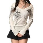 Women Y2K Long Sleeve Top Tee Sexy Gothic Cross Wings Print Patchwork V Neck Basic Slim Fit Blouse Tops Vintage Fairy Grunge Streewear (White, Medium)