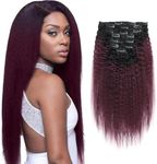 AmazingBeauty 8A Kinkys Straight Ombre Virgin Hair Clip on Extensions, Double Weft Real Remy Human Hair for Black Women, Natural Black Fading into Cherry Wine, 7 Pieces, 115 Grams, KS TN/99J, 14 Inch