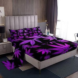 Feelyou Marijuana Leaf Bed Sheets Weed Leaf Botanical Sheet Set for Kids Men Women Adults Cannabis Leaves Bed Set Luxury Puple Hemp Sheets Room Decor 3Pcs Twin Size