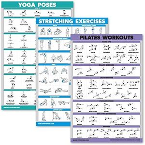 QuickFit 3 Pack - Yoga Poses + Stretching Exercises + Pilates Mat Work Poster Set - Set of 3 Workout Charts (Laminated, 18" x 27")