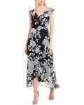 London Times Women's Chiffon Faux Wrap Ruffle Maxi Dress Guest of Wedding, Navy/Soft White, 18 Plus