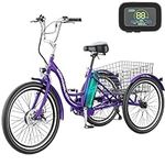 ABORON 24"/26" Electric Trike Tricycle,15MPH 350W 36V 10Ah Lithium Battery UL Certified, 7S Ebike 3 Wheels Bike for Adults w/Rear Basket (Aubergine, 24"/ 7 Speed)