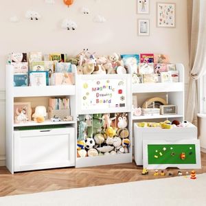 74.3" W Kids Bookshelf and Toy Storage Organizer with Toy Boxes, White