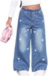 OYOANGLE Toddler Girls's Heart Embroidery Wide Leg Jeans Elastic Waist Y2K Baggy Denim Pants with Pockets Medium Wash 5Y
