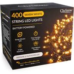 CHRISTOW Christmas Fairy Lights Battery Operated, Warm White LED String Lighting with Timer, Indoor & Outdoor, 8 Light Modes Flashing & Static, Green Cable (400 LED / 40m Lit Length)