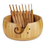 Wooden Yarn Bowl Holder, Craft Knitting Bowl with 8pcs Metal Crochet Hooks, 7.9''Large Yarn Holder Dispenser Yarn Storage Bowls, for Knitters & Crocheters (Bamboo 7.9 inch)