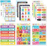 Hadley Designs 16 Educational Posters for Classroom & Kindergarten, Kindergarten Classroom Must Haves, Laminated PreK Learning Chart Materials US & World Map, ABC Alphabet, Shapes, Days of the Week