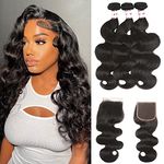 12A Brazilian Human Hair Bundles Body Wave 3 Bundles with Lace Closure 4x4 Free Part 100% Unprocessed Remy Human Hair Bundles with Closure Wet and Wavy Double Weft Natural Color (14 16 18+12)