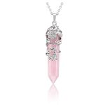 JOVIVI Rose Quartz Healing Crystal Point Pendant Necklace for Women, Silver Flower Wrapped Pink Hexagonal Energy Healing Chakra Stone Necklace Gemstone Balancing Jewellery Gifts