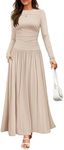 ZESICA Women's Long Sleeve Maxi Dress 2024 Fall Crewneck Knit Casual Slim Swing Pleated Dresses with Pockets,Sand,Small