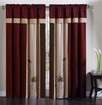 Chezmoi Collection Vienna 4-Piece Embroidered Floral Window Curtain/Drape Set with Sheer Backing, Valance, Tassels, Burgundy Taupe Brown