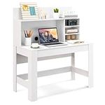 CASART Computer Desk with Hutch, 120cm Wooden Writing Table with Storage Shelves & Cable Management Hole, Home Office Study Desk PC Laptop Table for Bedroom Study Living Room (White)