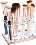 mDesign Plastic Makeup Brush Storage Organizer with 15 Slots for Bathroom Countertop, Vanity to Hold Eye/Lip Pencils, Lip Gloss, Liners, Lipstick - Clear/Rose Gold