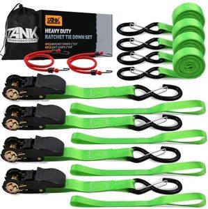 Ratchet Tie Down Straps, Tankpower 1650LB Break Strength Heavy Duty Ratchet Straps Set - UTV Truck Dirt Bike Motorcycle Trailer Accessories Securing Cargo Moving - Green