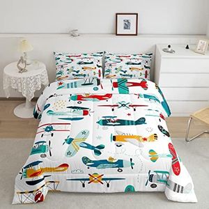 Cute Airplane Comforter Set Twin Size Kids Boys Cartoon Plane Bedding Set 2pcs Colorful Aviation Aircraft Quilted Duvet Graffiti Star Lines White Duvet Insert Teens Bedroom Decor,1 Pillowcase