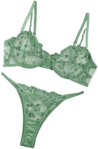 Lilosy Sexy Underwire Cute Push Up Strappy Embroidered Mesh Sheer Lingerie Set See Through Panty Bra, Light Green, Medium