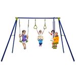 GLACER 440 LBS Heavy-Duty A-Frame Swing Set, 3-in-1 Swing Set w/1 U-Shaped Swing, 1 Glider, 2 Gym Rings, Multifunctional Activity Playset for Backyard, Garden, Park