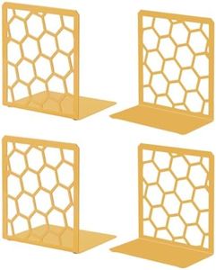 Premium Geometric Gold Honeycomb Bookends for Shelves, Metal Book Ends for Office, L-Shaped Book Stopper, Rustproof Bookends Decorative Unique for Home, 6.25 (L) x 6 (W) inches, 2 Pair - Geomod