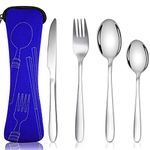 Acehome Cutlery Set with Portable Pouch Case, Stainless Steel Flatware Camping Utensil Set with Neoprene Bag for Outdoor Travel Picnic Office School Lunch Box (4 Pcs Blue)