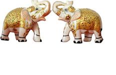 Pooja Creation White Marble Elephant Pair for Home Decor and Gift Item Handcarved Pearl Work - Set of 2 Size 4inch