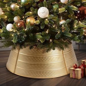 Christmas Tree Collar and Skirt Set - 23" Festive Holiday Decor with Gold Metal Tree Collar Base Stand - Ideal for Real or Artificial Trees - Christmas Skirt Tree Basket Decorations Gift