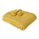 Dreamscene Chunky Knit Throw Large Knitted Thick Warm Pom Pom Sofa Bed Blanket - Mustard Yellow Ochre, 150 x 180cm