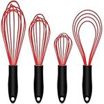 GDDGCUO 4 Pcs Whisk, 3 Balloon Silicone Whisks and 1 Silicone Flat Whisk for Non-Stick Cookware, Premium Balloon Whisks, Egg Beater Perfect for Blending, Whisking, Frothing & Stirring (4Pcs, Red)