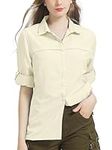 Women's Long Sleeve Blouses and Shirts Sun Protection Quick Dry Casual Button Down Ladies Shirts V Neck Summer Tshirt Tops Outdoor Hiking Safari Clothing (5077-Light Khaki-3XL)