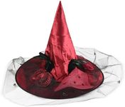 Skeleteen Deluxe Pointed Witch Hat - Glamorous Red Witches Accessories Fancy Satin Hat with Bow, Spiders and Black Feathers