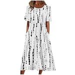 AMhomely Summer Dresses Women UK Clearance Elegant Casual Sexy Round Neck Printing Short Sleeve Pockets Dress Special Occasions Ladies Maxi Dresses Plus Size Petite Sexy Dress UK Size, Black 1, 16