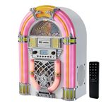 Arkrocket Athena Mini Jukebox/Tabletop CD Player/Bluetooth Speaker/Radio/USB and SD Card Player with Retro LED Lighting System (Pink White)