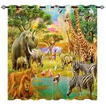 YUANZU Africa Animal Curtains, Rhino Flamingo Lion Zebra Giraffe Family 3D Patterns Microfiber Blackout Fabric Eyelet Window Drapes for Kids Bedroom Set of 2 Panels W75cm (29.5") x D166cm (65")