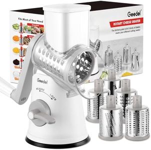 Geedel Rotary Cheese Grater Cheese Shredder - Upgraded 5-in-1 Cheese Grater with Handle and Strong Suction Base, Multi-purpose Vegetable Slicer Ice Shaver Nuts Grinder for Ice, Vegetables, Fruit, Nuts