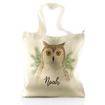 Hairyworm Personalised Tote Bag, Champagne Glitter Bag Customised with Initial/Name/Text, Brown Owl Pine Tree Design, Gift bag, Shopping Bag, Size: (37cm x 34cm)