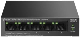 TP-Link 5-Port 10/100Mbps Desktop Ethernet Switch with 4-Port PoE, 41 W PoE Budget, PoE Auto Recovery, Plug & Play, Metal Casing, Fanless Design, Ideal for IP Surveillance Network Security (LS105LP)