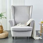 Topchances Velvet Wingback Chair Cover 2 Piece Set - 2 IN 1 Design Solid Soft Wing Back Arm Chair Covers Stretch Wing Chair Slipcover Furniture Protector for Living Room Bedroom Hotel (Light Grey)