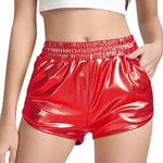 Women's Red Metallic Shiny Shorts Rave Hot Short Pants Disco 80's Dance Shorts (Large, Red)